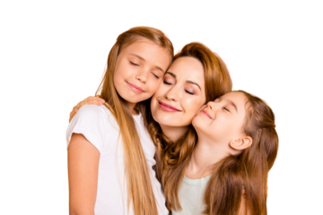 Close-up portrait of three nice cute adorable sweet tender attractive cheerful caucasian people cuddling mum mommy closed eyes isolated over bright vivid shine yellow background