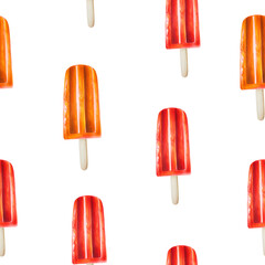 Ice cream seamless pattern. Watercolor illustration of fruit popsicle on a stick isolated on background. Beautiful hand painted refreshing dessert. For designers, spa decoration, postcards, wallpapers