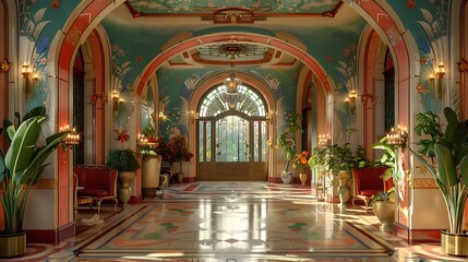 Fototapeta na wymiar A large, ornate room with a long hallway and many potted plants