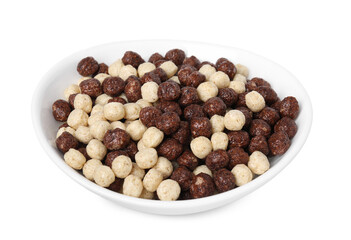 Tasty sweet cereal balls in bowl isolated on white