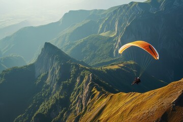 Paragliding concept, paraglider pilot fly in sky on beautiful natureParaglider floating over mountains, Ai generated