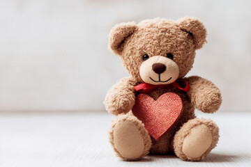 Valentines Concept With Copy Space And Teddy Bear Is Holding A Red Heart On White Background - Generative AI