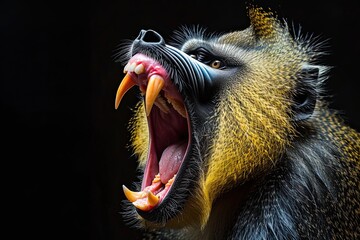Portrait of a male mandrill with wide opened mouth on black background - obrazy, fototapety, plakaty