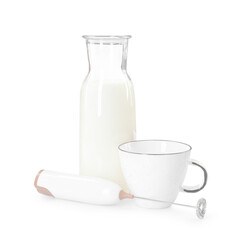 Mini mixer (milk frother), cup and bottle isolated on white