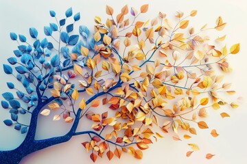 Colorful tree with leaves on hanging branches of blue, white and golden illustration background. 3d abstraction wallpaper for interior mural wall art decor. floral tree with leaves, Generative AI