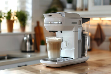 White coffee machine preparing latte coffee in a transparent cup in the kitchen