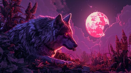 A wolf is laying in the grass next to a large pink moon