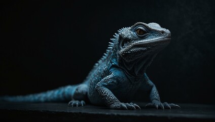 Obraz premium Majestic blue lizard poised elegantly with intricate detailing on its scales and a subtle, sophisticated dark background