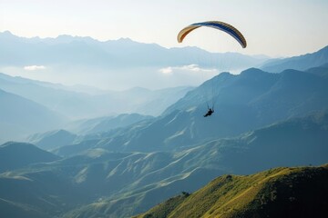 Paraglider floating over  mountains, Paragliding concept, paraglider pilot fly in sky on beauty natureAi generated