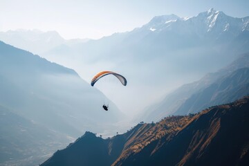 Paraglider floating over breathtaking mountains,The sportsman flying on a paraglider. Beautiful paraglider,  Ai generated