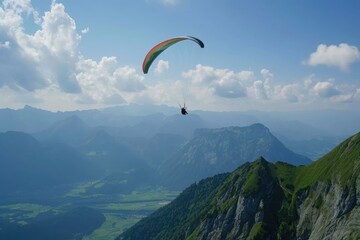 Paraglider floating over breathtaking mountains,The sportsman flying on a paraglider. Beautiful paraglider,  Ai generated