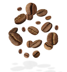 Roasted coffee beans falling on white background