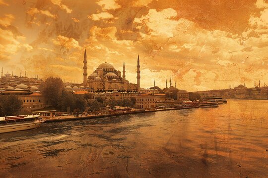 The Blue Mosque in Istanbul, Turkey,  Photo in old image style