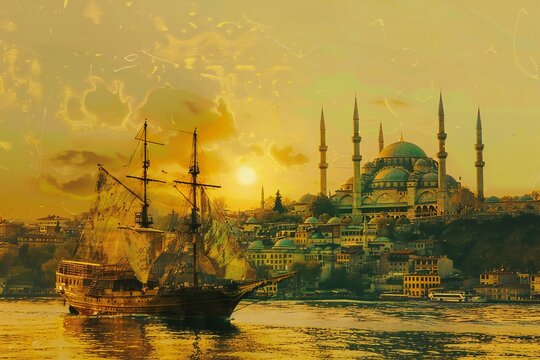 Old ship on the Golden Horn in Istanbul, Turkey,  Vintage painting