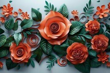 Roses surrounded by leaves and flowers, illustration background. 3d abstraction wallpaper for interior mural wall art decor. Generative Generative AI