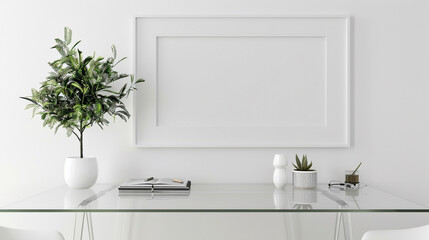 Fototapeta na wymiar A modern workspace featuring a white empty frame on a crisp white wall, complemented by a sleek glass desk adorned with a cluster of minimalist desk accessories and a single potted plant.