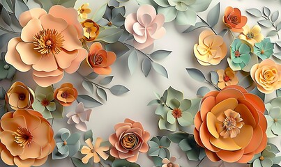 3d floral craft wallpaper. orange, rose, green and yellow flowers in light background. for kids room wall decor. Generative AI