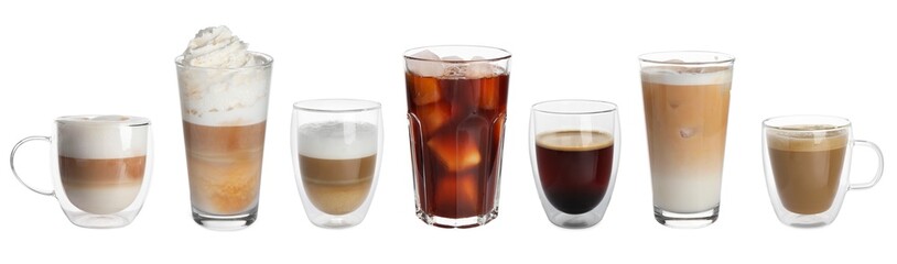Set of different coffee drinks drinks in cups and glasses on white background