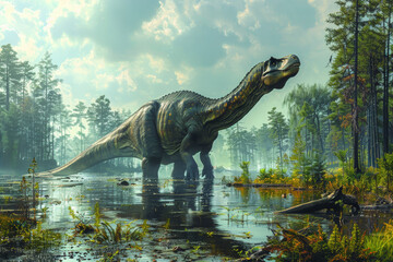 A lumbering Apatosaurus, with its massive size and long neck, browsing for vegetation in...