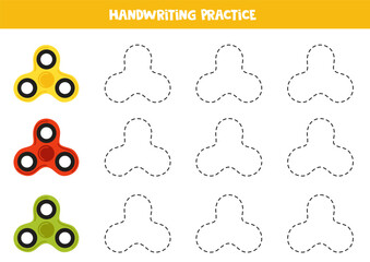 Tracing lines with cute cartoon colorful spinners. Writing practice.