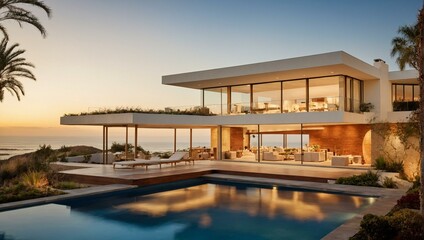 Fototapeta premium Stunning contemporary villa with clean lines, infinity pool, and breathtaking ocean view during sunset
