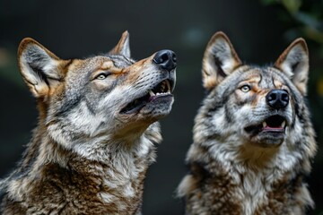 Portrait of two grey wolf looking at each other in the forest