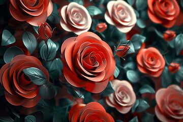 3D roses background, 3d abstraction wallpaper for interior mural wall art decor. Generative AI