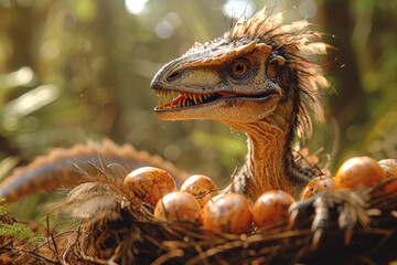 A swift Oviraptor, with its bird-like beak and feathered wings, snatching eggs from other dinosaur...