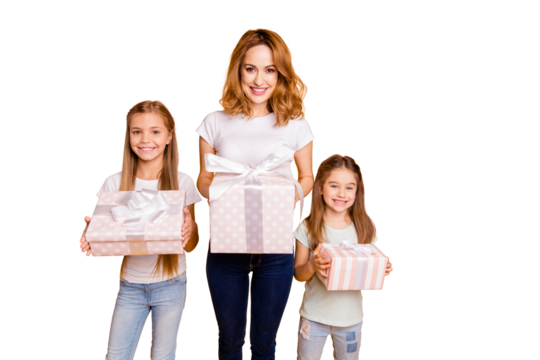 Portrait of three nice cute adorable lovely winsome attractive cheerful cheery positive blonde people holding in hands boxes day isolated over bright vivid shine yellow background