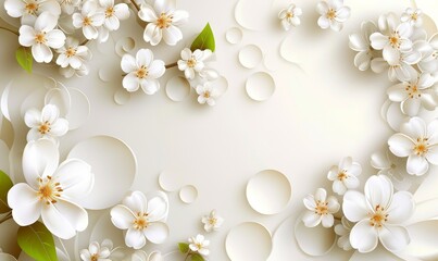 3d classic mural illustration wallpaper background with flowers white circles simple decorative generative ai, Generative AI