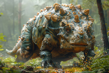 A resilient Euoplocephalus, with its thick armor plating and clubbed tail, defending itself against...