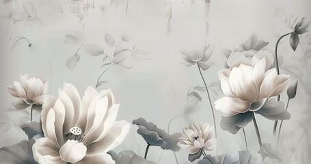 3d mural wallpaper with simple floral painting light gray background. generate ai, Generative AI