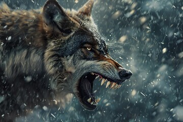 Portrait of a wolf howling at the camera in the snow