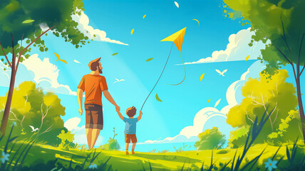 On a warm sunny day, dad and little son fly a kite on a warm sunny day. Family Day and Father's Day. The concept of love and communication with children
