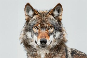 Portrait of a gray wolf on a gray background,  Studio shot - obrazy, fototapety, plakaty