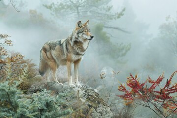 Portrait of a wolf in a foggy forest in autumn