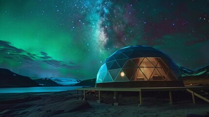 An otherworldly dome structure illuminated by the vibrant hues of the northern lights offering a oneofakind stay under the glow of the Milky Way. 2d flat cartoon.