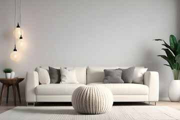 Modern interior of living room with white sofa, knitted pouf, vase and bulbs panorama 3d rendering