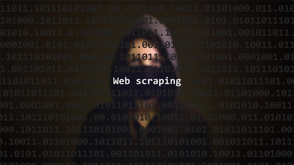 Cyber attack web scraping text in foreground screen, anonymous hacker hidden with hoodie in the...