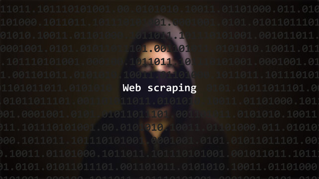 Cyber attack web scraping text in foreground screen, anonymous hacker hidden with hoodie in the blurred background. Vulnerability text in binary system code on editor program.