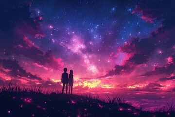 An animated virtual couple in love, set against a landscape background featuring a dark sky with stars and a colorful fractal nebula - obrazy, fototapety, plakaty