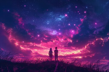 Naklejka na ściany i meble An animated virtual couple in love, set against a landscape background featuring a dark sky with stars and a colorful fractal nebula