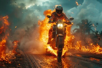A motorcycle rider on a fiery bike racing down a rural road in scorching heat, Biker in hot summer - obrazy, fototapety, plakaty