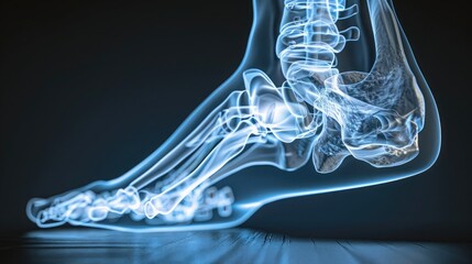 An X-ray image showcasing the internal anatomy of the human ankle, highlighting the intricate network of bones, ligaments, and tendons that provide stability and support for the foot. - obrazy, fototapety, plakaty