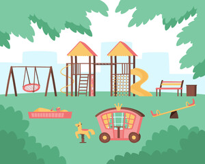 Play complex for a princess girl in the park. Fun games outside. A gazebo-carriage with a princess horse, fun slides and a sandbox with a canopy. Flat vector illustration