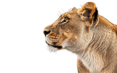 Majestic African Lioness Close-Up Gazing Into Distance Isolated On Transparent Background PNG.