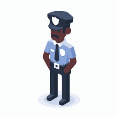 Police Man Isometric Minimal Cute Character, Wearing Headphones and Hold Game Controller, Cartoon Clipart Vector illustration, isolated on White background