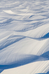 Snow texture. Wind sculpted patterns on snow surface. Wind in the tundra and in the mountains on the surface of the snow sculpts patterns and ridges (sastrugi). Arctic, Polar region. Winter background - 791429931