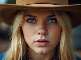 Close up Ffshion outdoor photo of beautiful sensual woman with blond hair in elegant clothes and cowboy hat. Cowgirl core trend.