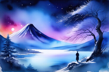 Fototapeta na wymiar A serene watercolor landscape painting with a silhouette gazing at a majestic snowy mountain